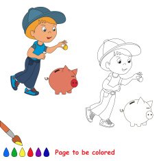 One little baby boy play with coin and piggy bank