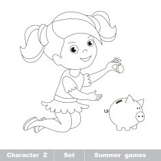 One little baby girl play with coin and piggy bank