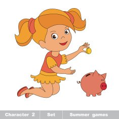 One little baby girl play with coin and piggy bank N2