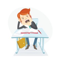 Bored school student yawning at the desk on his lessons