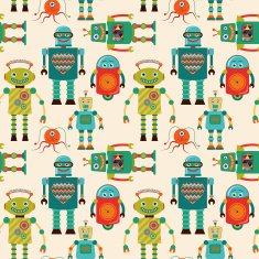 Seamless Pattern Background with Cute Retro Robots