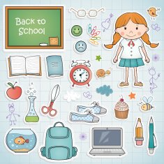 Set of different school items with a girl
