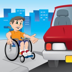 Boy wheelchair difficulties car parked on the ramp for disabled