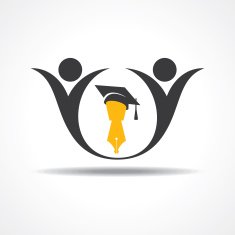 happy students with graduation cap and pen icon educational symbol