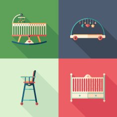 Baby furniture flat square icons with long shadows