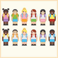 cute cartoon diverse children wearing school uniform with backpacks