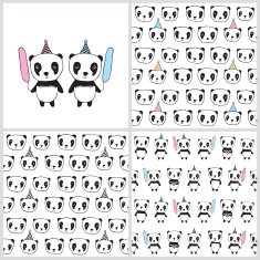 Set of seamless patterns with pandas and greeting card