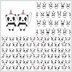 Set of seamless patterns with pandas and greeting card N2