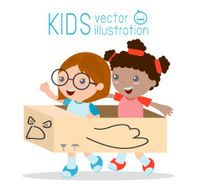 Little girl in a cardboard airplane