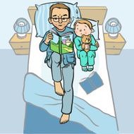 Funny cartoon father reading book for his child vector illustra