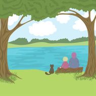 Beautiful landscape with grandmother grandson and cat sitting on log