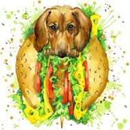 Funny dog and fast food watercolor fashion print N2