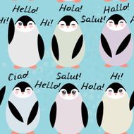 penguins blue background Hello in English Spanish Italian German French