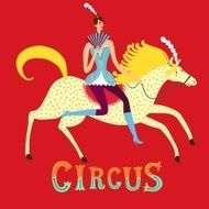 Circus performance cartoon illustration with horse and rider lad