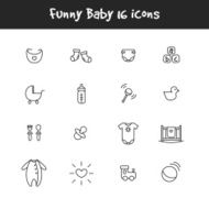Vector outline black and white 16 baby icons set Newborn