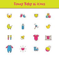 Vector outline colorful 16 baby icons set in funny style
