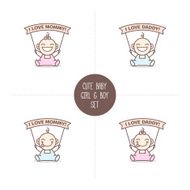 Vector babies with I love Mommy and Daddy ribbons Baby