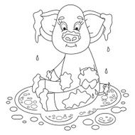 Cute pig in a puddle sits on dirt puddle coloring