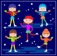 Little girls skating on the blue background
