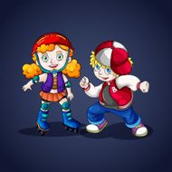 Boy and girl rollerskating