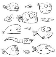 Black Outline Humor Cartoon Swimming Fish Characters Collection Coloring Book