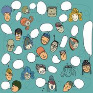 Funny seamless pattern with cute faces and speech bubbles N3