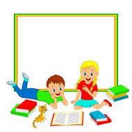 frame with children boy and girl reading a book