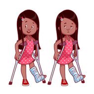 Cheerful and sad girl with broken leg in a cast