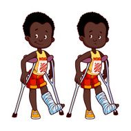 Cheerful and sad boy with broken leg in a cas