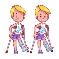 Cheerful and sad boy with broken leg in a cast