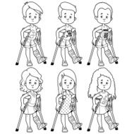 Sad girls and boys with broken leg in a cast
