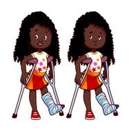 Cheerful and sad girl with broken leg in a ca