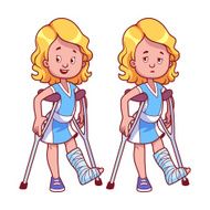 Cheerful and sad girl with broken leg in a cast N2
