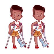 Cheerful and sad boy with broken leg in a cast N2