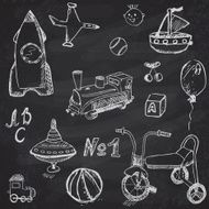 Baby child toys set hand drawn sketch on chalkboard background