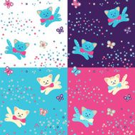 Vector seamless pattern Cats flowers and butterfly