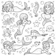 Colorless vector set of little girls mermaids and fish