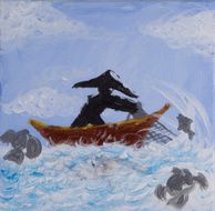 Painting of a fisherman casting fishing net on acrylic