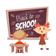 Schoolgirl answer lesson near school desk Vector illustration