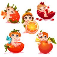 Sweet fairies with apple orange tomato and garnet Vector illustration