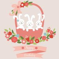 Sweet vector illustration with three cute rabbits in a basket