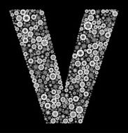 White snowflakes forming the letter V on a black background