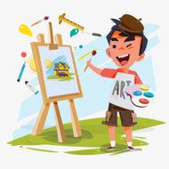 artist boy painting on canvas with art icons character design