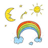 Vector Children Drawing of a Rainbow Stars Sun and Moon