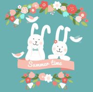 Cute vector illustration with lovely rabbits and flowers