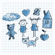 Set of colorful kids drawing style pictures N3