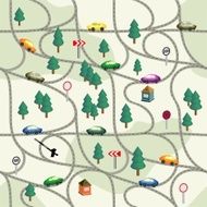 Funny kids seamless pattern Road with cars signs trees houses