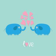 Two elephants with heart fountain Love card Flat design