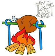 Bonfire with grilled beef Coloring book page Cartoon vector illustration