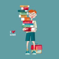 Boy with a stack of books I love school